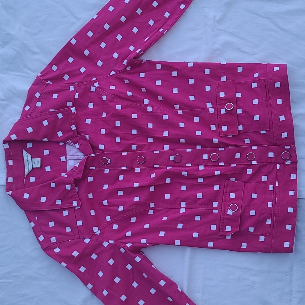 Shacket Christopher Banks Hot pink with white squares 3/4 length sleeves Medium